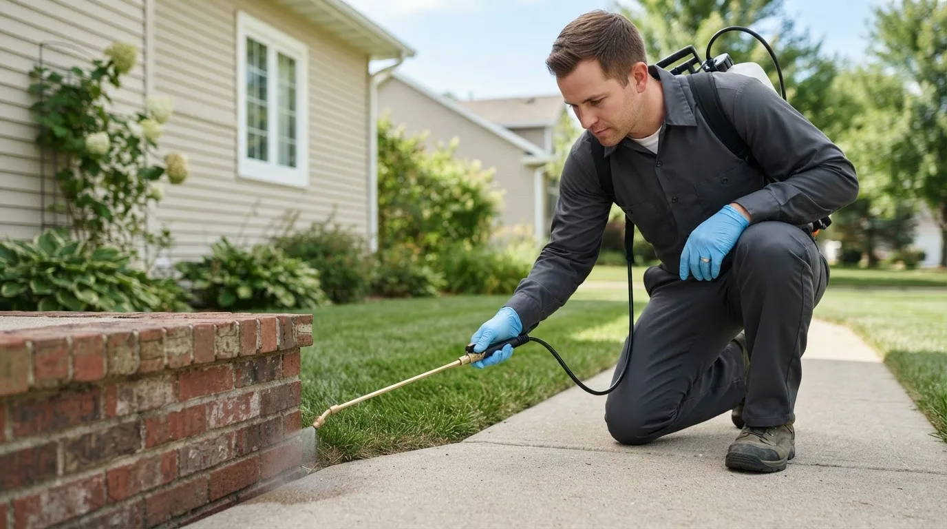 Pest control technician treating a home near Echola, AL